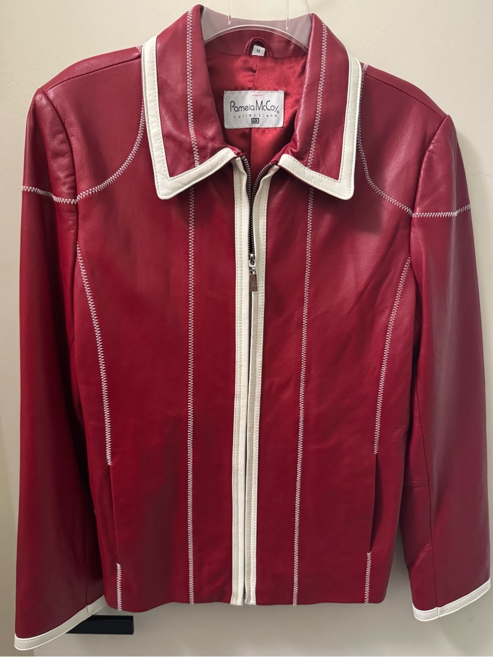 Pamela McCoy Deep Red Vintage Genuine Leather Zip Jacket with Cream Trim